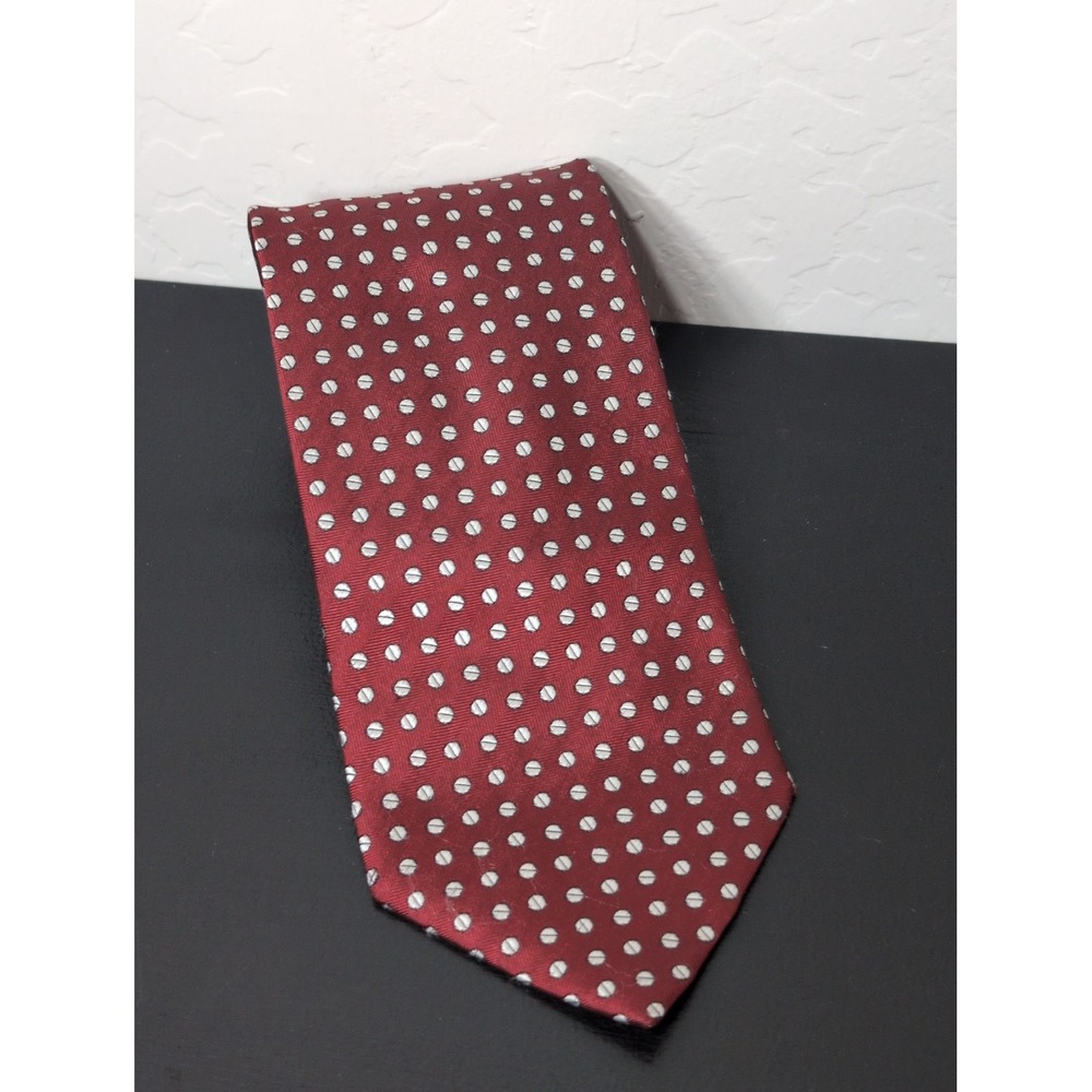 Bachrach Men's Italian Silk Tie 4" X 60" Red Silk Geometric Print Silver Dots